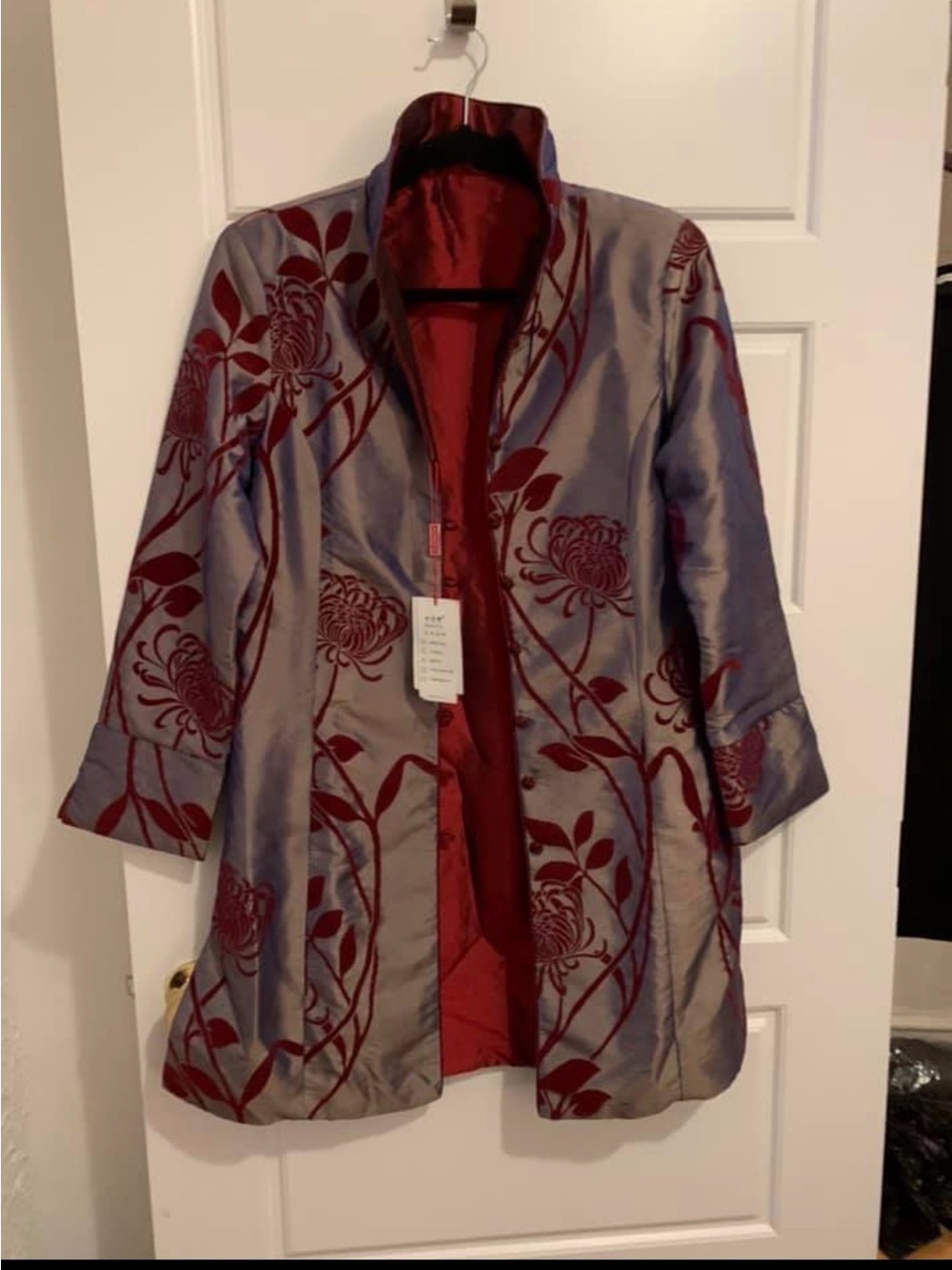 Gray Satin Trench Coat with Burgundy Floral Velvet Trim - Picture 5 of 7